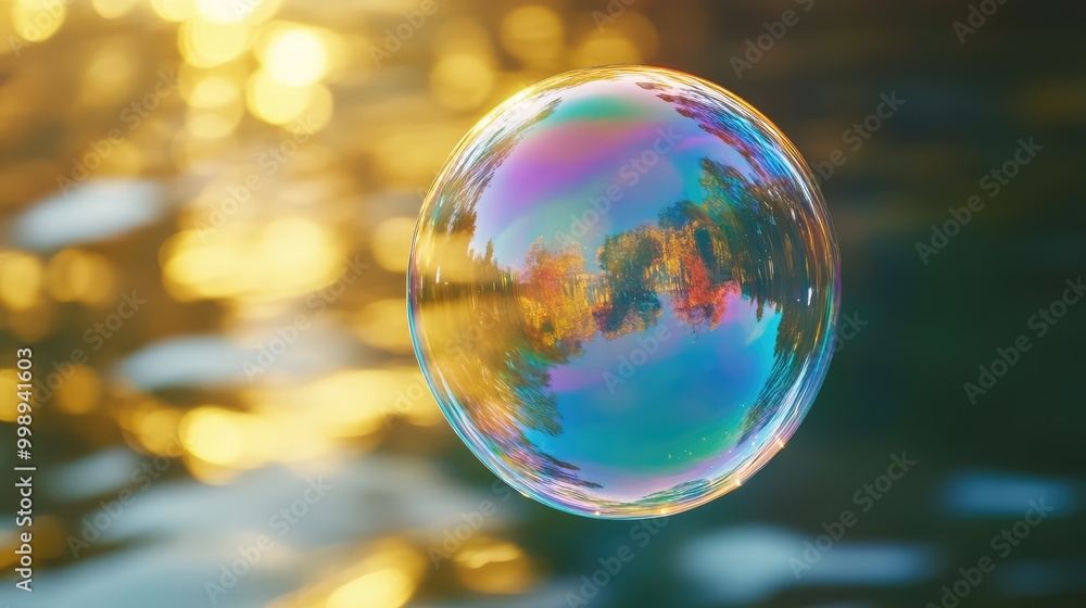 Poster a translucent soap bubble, floating in the air with colorful reflections on its surface