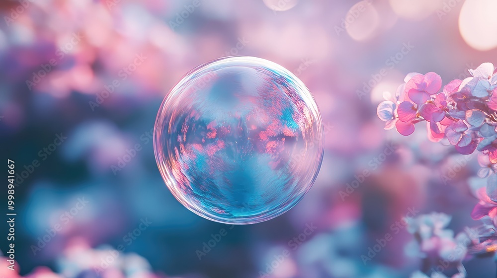 Poster a translucent soap bubble, floating in the air with colorful reflections on its surface