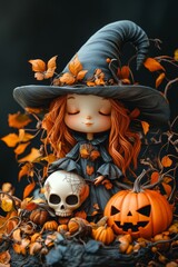 Adorable Halloween Witch Figures with Pumpkins and Skulls - Festive Fantasy Collection	