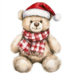 Whimsical Watercolor Cartoon Teddy Bear Sporting a Red and White Checkered Scarf and Santa Hat, Perfect for Holiday Themes
