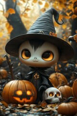 Adorable Halloween Witch Figures with Pumpkins and Skulls - Festive Fantasy Collection	