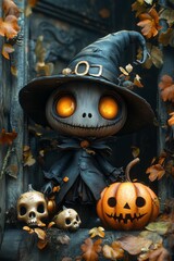 Adorable Halloween Witch Figures with Pumpkins and Skulls - Festive Fantasy Collection
