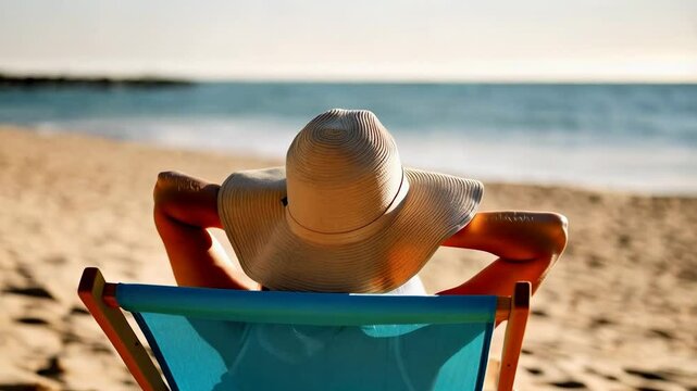 Woman wearing hat lying on desk chair and sunbathing. Female relaxing at the beach and enjoying sunny summer day