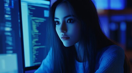  Female cyber security analyst analyzing AI cyberspace threats on computer in dark tech office data centre. Blue lighting. IT specialist ethical hacking 