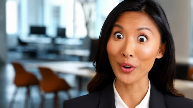 Happy enthusiastic emotional woman feeling shock joy surprised amazed rejoices in feels delight by incredibly good news opens mouth in surprise joyfully