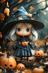 Adorable Halloween Witch Figures with Pumpkins and Skulls - Festive Fantasy Collection