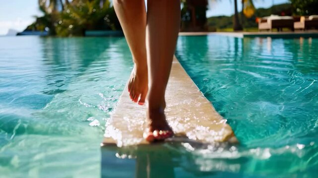 Close up of beautiful female legs barefoot walking in swimming pool or spa at luxury tropical resort.