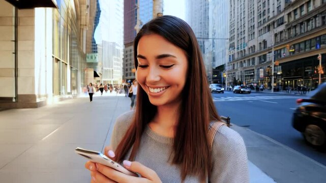 Attractive young female serfing internet news make bought online and typing text on smartphone and smilling near city buildings.