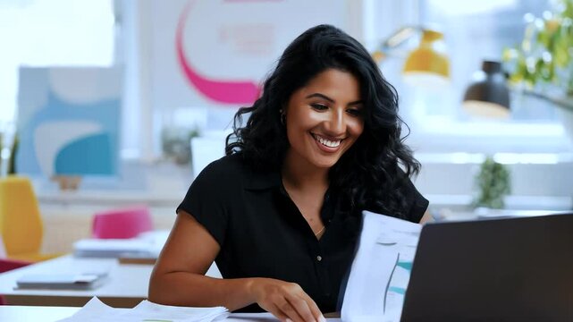 Happy creative business woman taking notes while working on laptop and documents in the office.