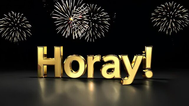 A 3D golden text displaying the word "Horay" with a shiny metallic finish on a dark reflective surface