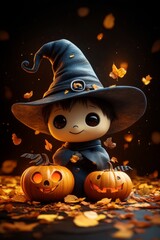 Adorable Halloween Witch Figures with Pumpkins and Skulls - Festive Fantasy Collection