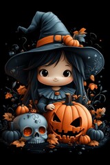 Adorable Halloween Witch Figures with Pumpkins and Skulls - Festive Fantasy Collection