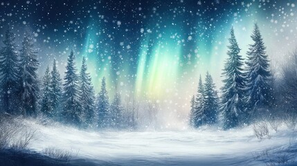 Fototapeta premium Snow-Covered Forest Under the Northern Lights