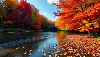 A stunning autumn landscape with vibrant red, orange, and yellow leaves on trees, generative ai