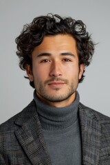 Fototapeta premium A contemporary portrait of a male tech entrepreneur wearing a smart casual blazer over a grey turtleneck, pale grey background, vertical