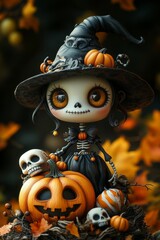 Adorable Halloween Witch Figures with Pumpkins and Skulls - Festive Fantasy Collection
