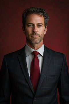 A classic portrait of a male consultant in a black suit and red tie, deep maroon background, vertical. 