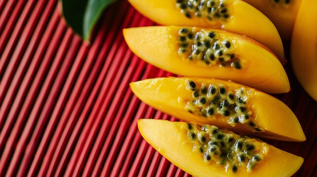 Mango slices with passionfruit drizzle, placed on a bamboo mat background with a sharp red contrast