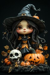 Adorable Halloween Witch Figures with Pumpkins and Skulls - Festive Fantasy Collection