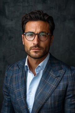A sophisticated portrait of a male venture capitalist in a sharp suit and designer glasses, dark grey textured background, vertical 