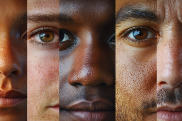 A detailed close-up collage showcasing the diverse beauty of human faces from different racial backgrounds, highlighting skin texture, eye color, and unique features