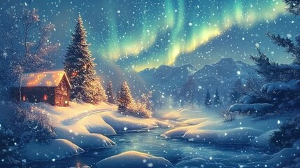 A Snowy Winter Night with a Cabin, a River, and the Aurora Borealis