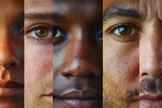 A detailed close-up collage showcasing the diverse beauty of human faces from different racial backgrounds, highlighting skin texture, eye color, and unique features