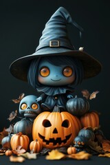 Adorable Halloween Witch Figures with Pumpkins and Skulls - Festive Fantasy Collection