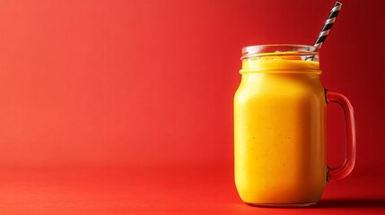 Mango yogurt smoothie in a mason jar, on a sharp, vibrant red background