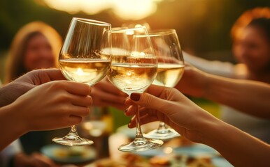 Friends Toasting with White Wine at an Outdoor Table During Golden Hour