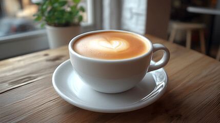 Fototapeta premium Latte art coffee cup on wooden table near window with potted plant 
