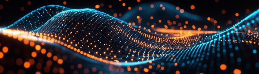 Obraz premium Abstract Blue and Orange Digital Wave, 3D Render, Bokeh, Lights, Cyberpunk, Network