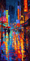 Couple Walking with Umbrellas on a Rainy Night in Neon-Lit Street Phone Wallpaper
