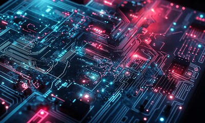 Explore vibrant circuitry in a stunning neon landscape of interconnected technology at the heart of a modern city - Powered by Adobe