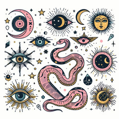Vector snake set of mystical magic objects- moon, eyes, constellations, sun and stars. Spiritual occultism symbols, esoteric objects.