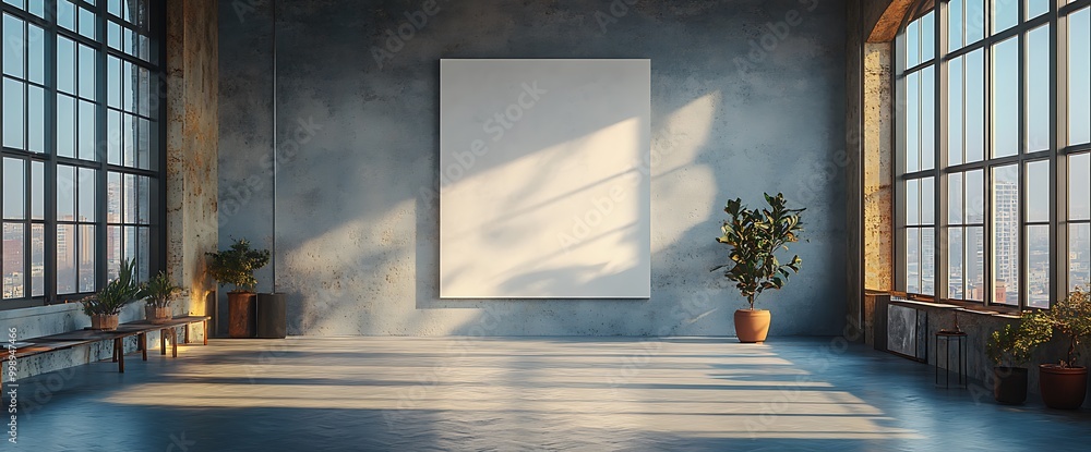 Poster large blank canvas in a modern loft with large windows and natural light.