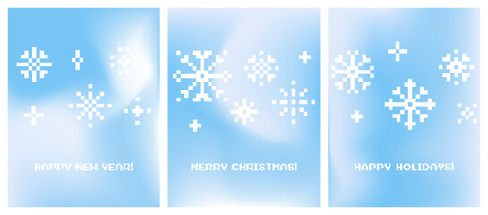 Set of minimalist posters with snowflakes. Winter season pastel blue colors vertical vector banner. Christmas design for card, holiday greetings, festive decoration. Blurred sky gradient background
