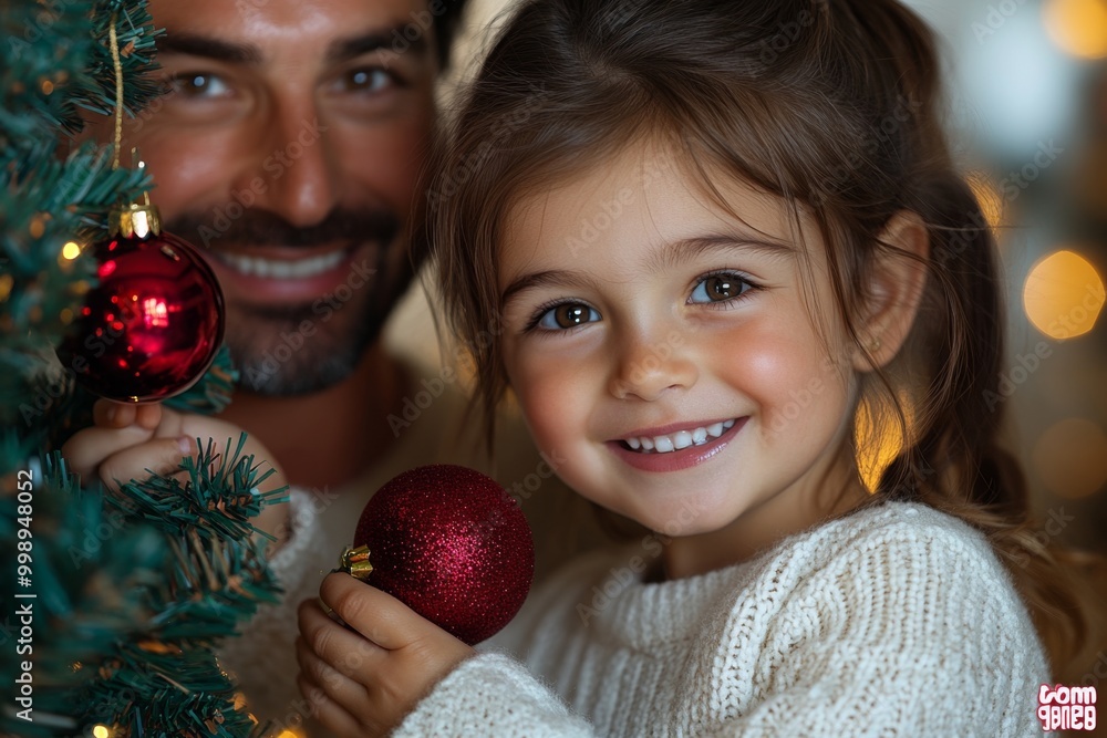 Wall mural Portrait of a father and daughter decorating a Christmas tree. Christmas concept. Happy family decorating christmas tree