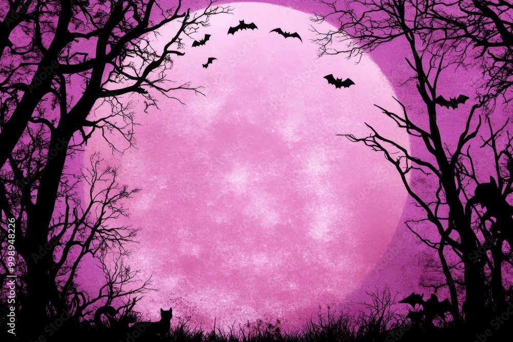 Canvas Prints a purple halloween background with black silhouettes of trees, bats, and howling wolves empty space 
