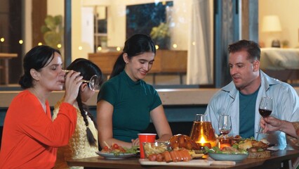 Family gather celebrate holiday. Parents, grandparents and girl together to talk and have dinner party food. Outdoor activity for spending time with multigeneration cross generation gap. Divergence.