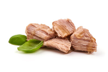 Canned Pork Meat with jelly and basil leaves, close-up, isolated on white background.
