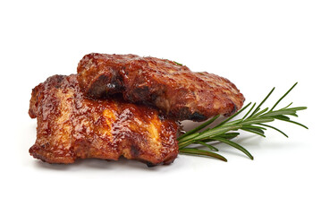 Delicious Grilled Ribs with bbq sauce, isolated on a white background. Close-up.