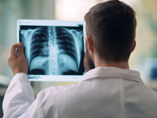 Fototapeta premium Medical professional examining chest X-rays in a modern healthcare facility during the day
