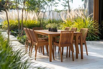 Obraz premium Outdoor dining area with modern wooden furniture in a garden setting