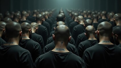 Anonymous Crowd of Men with Barcodes and Keys on their Necks