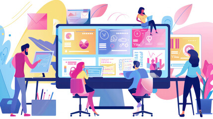 A team of marketers designing banner ads for a digital advertising campaign, ensuring they align with the brand's messaging.