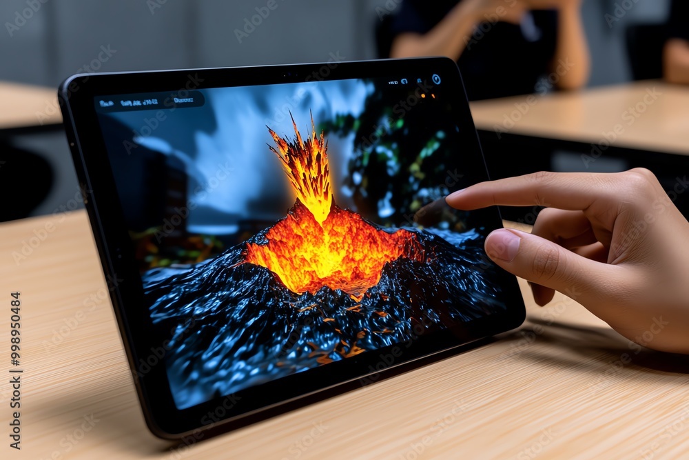 Poster Teacher using AR in the classroom, showing students a 3D visualization of a volcano eruption that appears on top of their desks through a tablet screen