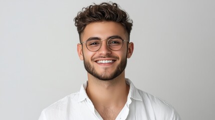 Obraz premium Smiling Man in White Shirt and Glasses, Portrait, White Background, man, portrait