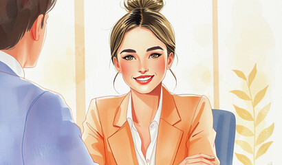 illustration of woman with satisfaction, crisp simple attire, accomplished chief operating officer who is sitting, faded background afternoon, imaginative and interesting