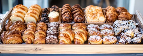 A Wooden Crate Filled With Delicious Pastries, Croissants, and Bread, Bakery, Breads